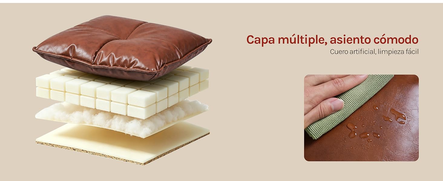 El texto dice «Capa múltiple, salariate cômode» con el subtítulo «Colección Soft-touch». El producto de almohada o cojín apilado se muestra en colores burdeos y crema con detalles de textura detallados en primer plano.