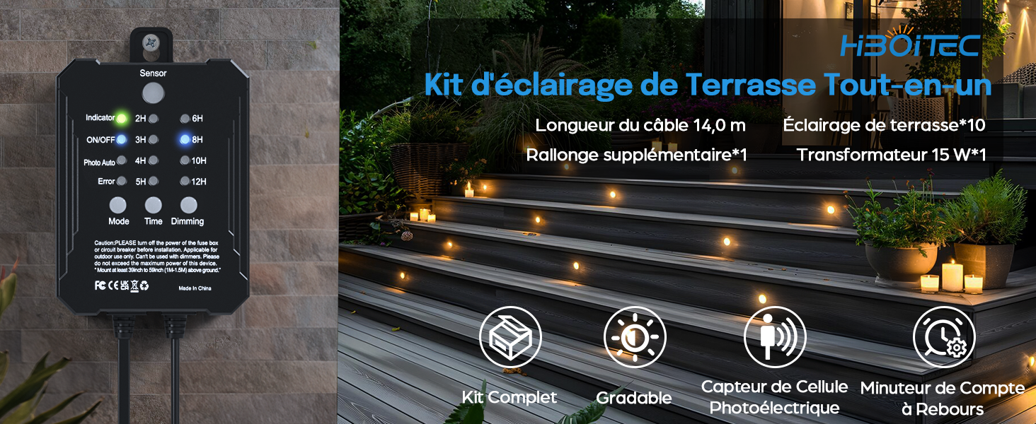 pour terrasses comprenant un boîtier de commande avec indicateurs LED et une scène montrant des escaliers de terrasse illuminés. Comprend les spécifications relatives à la longueur du câble, aux lampes et à la puissance du transformateur