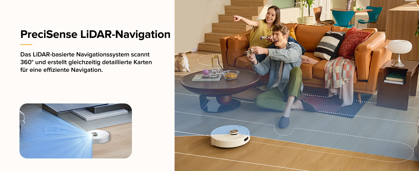 Roboter-Staubsauger, der durch ein Wohnzimmer navigiert. Weißes kreisförmiges Gerät mit sichtbaren Sensoren auf dem Teppichboden. Leute, die im Hintergrund auf der Couch sitzen. Das Nebenbild zeigt eine Nahaufnahme des Navigationssensors