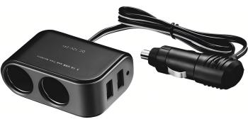 Black car cigarette lighter adapter with two circular power outlets and two USB ports. Attached cord with DC plug for vehicle connection.