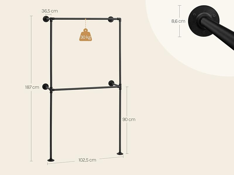 Diagramma tecnico o guida all'installazione che mostra le misure e le specifiche di montaggio per quello che sembra essere un binario o un sistema di supporto montato a parete.