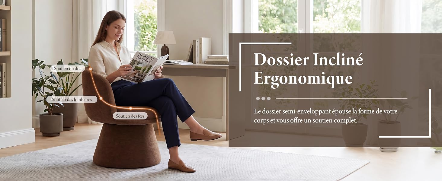 Le texte se lit comme suit : « Dossier Inclus Ergonomique » avec du texte français supplémentaire en dessous. Personne assise sur une chaise travaillant sur un ordinateur portable dans un cadre domestique minimaliste.