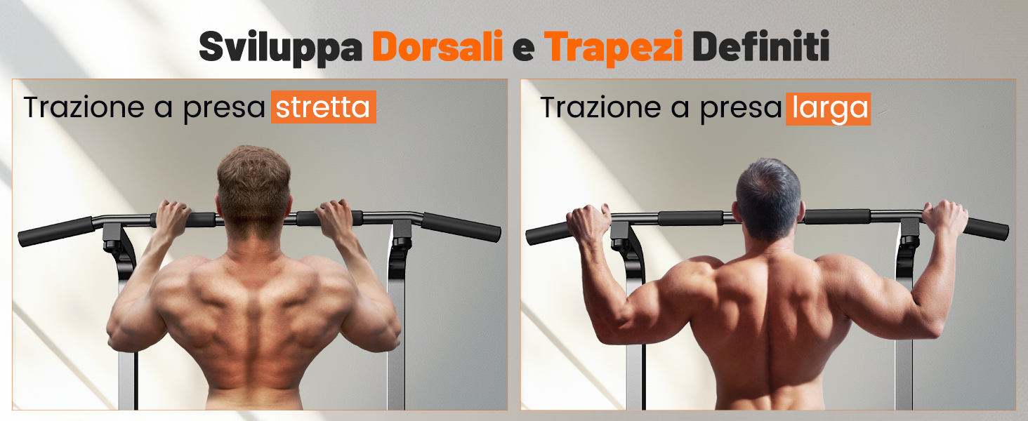 Il testo recita «Trazione a presa larga». Diverse immagini dimostrative che mostrano le posizioni dell'impugnatura sugli attrezzi da allenamento.