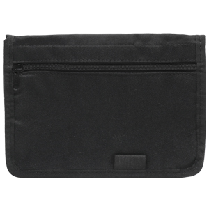 Black quilted zippered pouch or small bag with textured diamond pattern and carrying handle against white background.