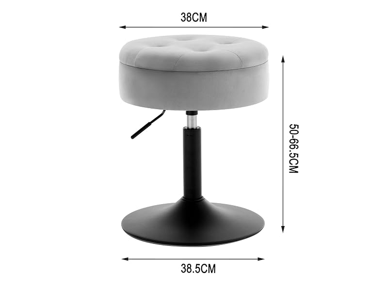 Gray circular stool with adjustable height. Metal base, padded seat. Dimensions: 38cm diameter, 93.5cm max height, 38.5cm base width.