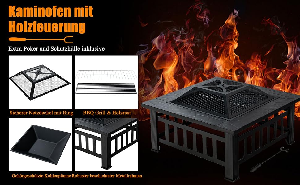 multifunktionale feuerstelle,terrassenfeuertisch,zum grillen,deckel,grillrost,stahl