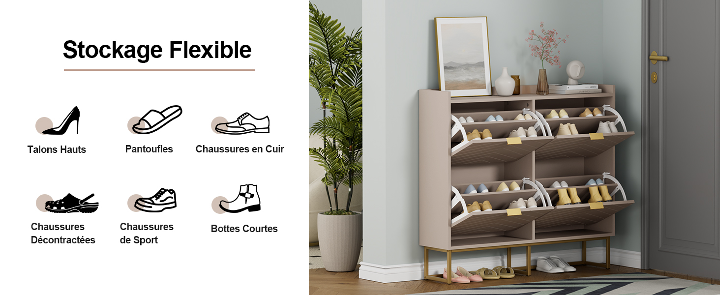 Le texte indique « Stockage flexible ». Range-chaussures à plusieurs tiroirs avec façade transparente présentant différentes chaussures, avec une rangée d'icônes affichant les options de capacité de rangement.