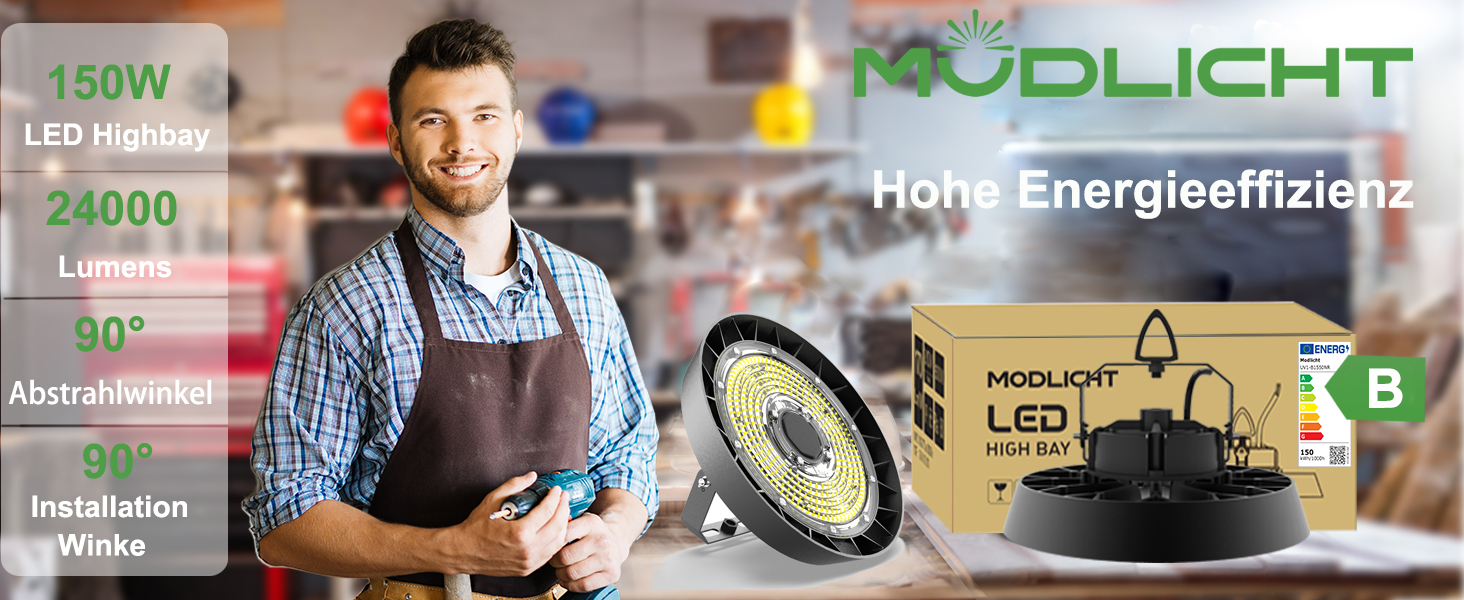 LED-Hallenleuchte mit 150 W Leistung, 24000 Lumen und 120° Abstrahlwinkel. Produktverpackung und montierte Leuchte sind abgebildet. Markenname Modlicht sichtbar