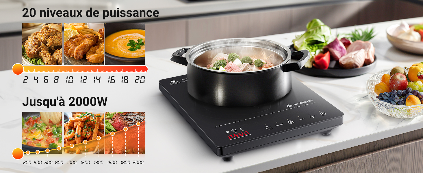 avec 20 niveaux de puissance jusqu'à 2000 W, illustrée avec différents plats dans des ustensiles de cuisine. Commandes numériques et affichage de la température visibles.