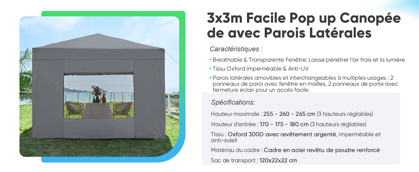 Le texte indique « Canopée de avec parois latérales Facile Pop up de 3 x 3 m ». Schéma montrant les instructions de montage d'une tente à baldaquin escamotable avec panneaux latéraux.