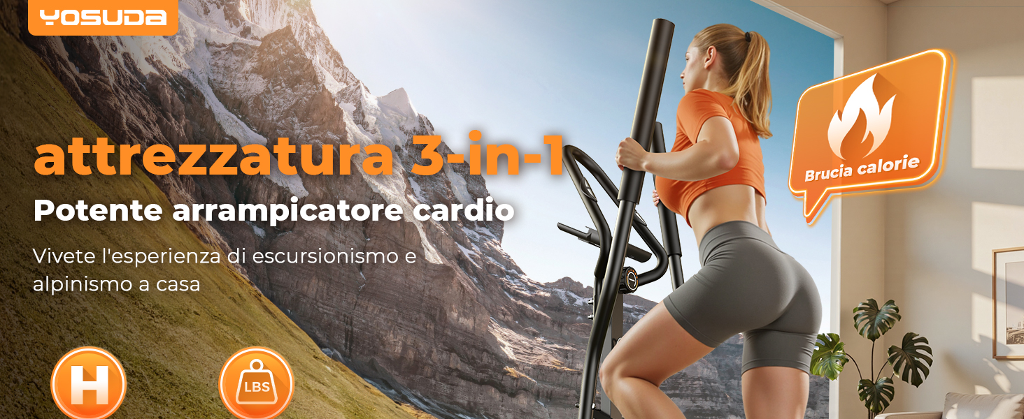 Il testo recita 'attrezzatura 3 in 1' e 'Potente arrampicatore cardio'. Scena di parete da arrampicata al coperto con attrezzi ginnici e icone relative al fitness.