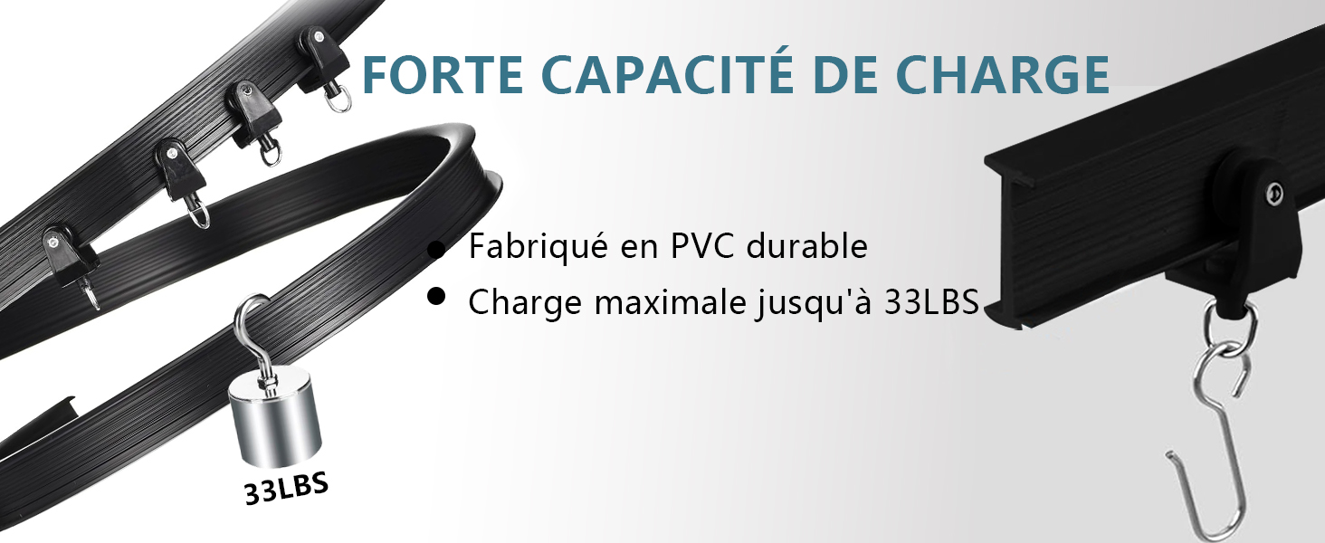 Equipo de PVC resistente con indicador de capacidad de carga que muestra un peso máximo de 33,85 kg, con componentes negros y ganchos metálicos