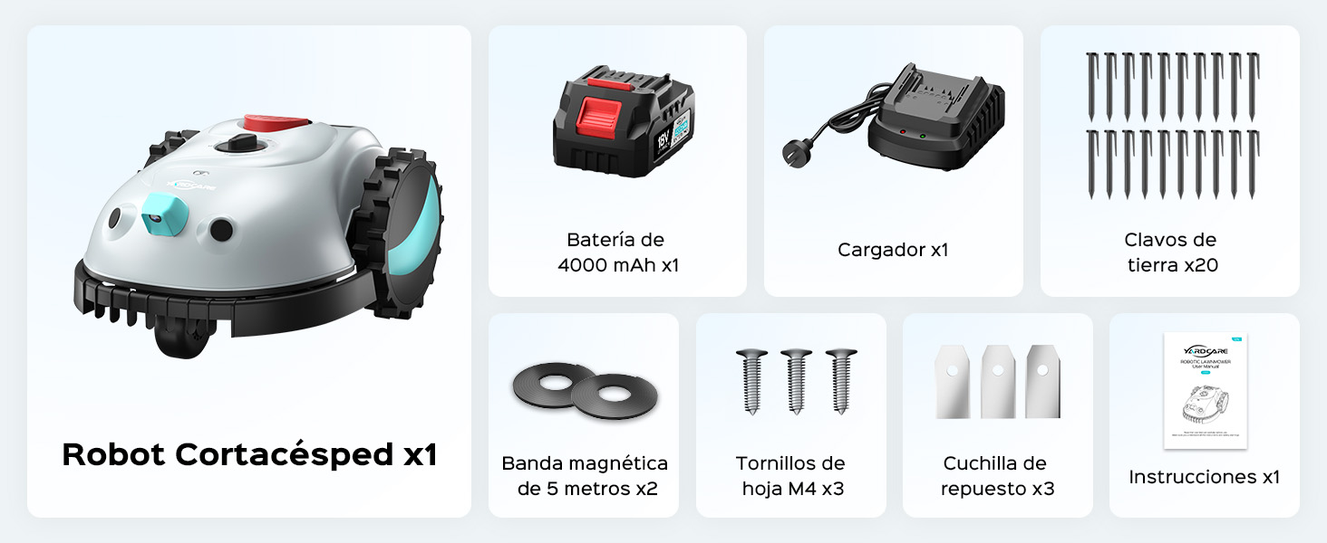 El texto dice «Robot Cortacésped x1». Diagrama del producto que muestra los componentes del robot cortacésped y los accesorios incluidos con las piezas de instalación.