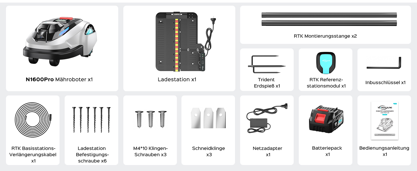 Bedienungsanleitung oder Anleitung zum Produkt mit mehreren technischen Diagrammen, Installationsschritten und Komponentenabbildungen in einem Rasterlayout.
