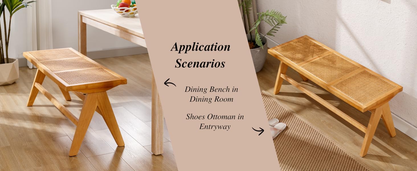 Two wooden benches with woven rattan seats. Left bench has angled legs, right has straight legs with shelf. Text shows 'Application Scenarios' for dining and entryway use.