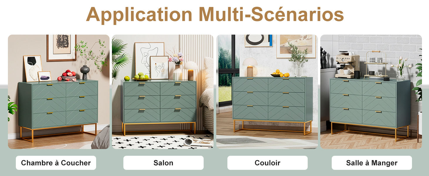 Le texte se lit comme suit : « Application multi-scénarios ». Montre une commode verte dans différents décors de pièce intitulée « Chambre à Coucher », « Salon », « Couloir », « Salle à Manger ».