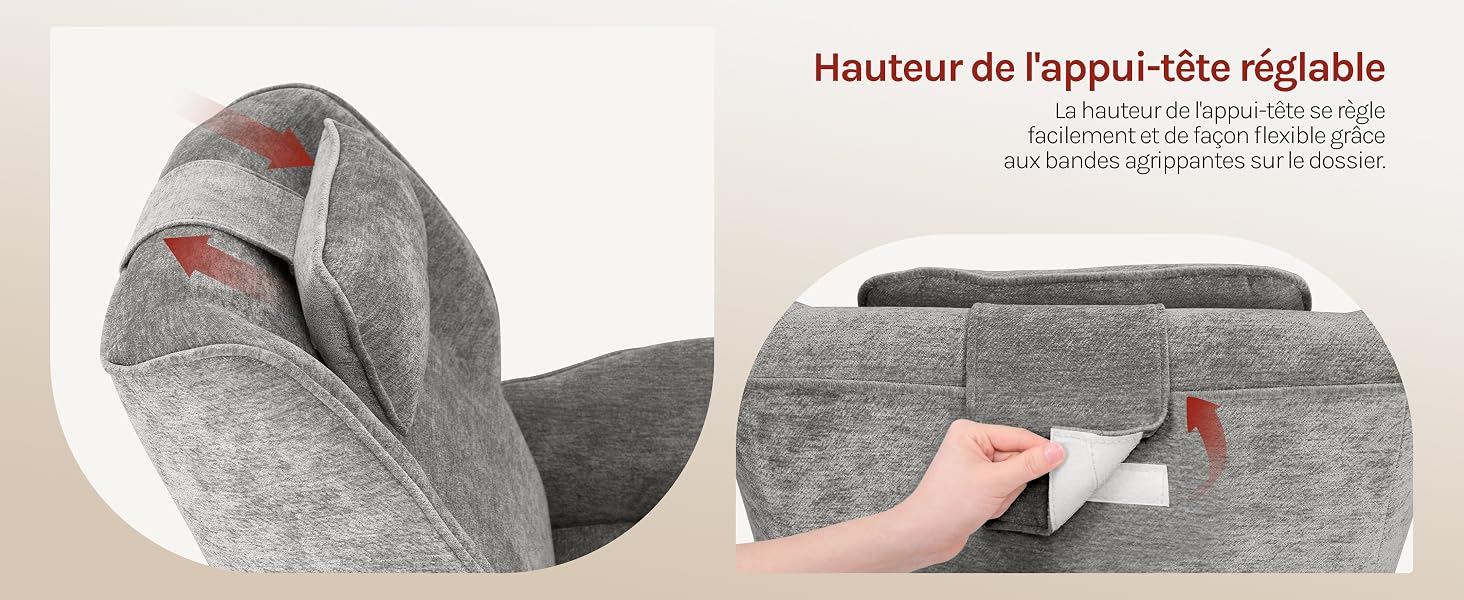 Le texte indique « Hauteur de l'appui-tête réglable » (hauteur de l'appui-tête réglable). Organiseur de rangement en feutre gris présentant des compartiments roulés et une main rose insérant l'article dans la poche latérale.