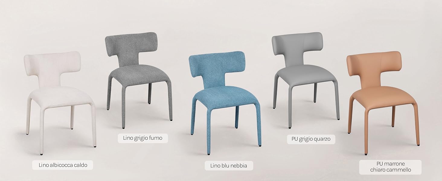 Collezione di sedie moderne esposte in vari colori tra cui bianco, grigio, blu e pesca. Le sedie presentano un design modellato in un unico pezzo con schienali curvi.