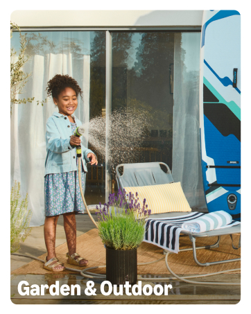 Text reads 'Garden &amp; Outdoor'. Woman in light blue dress standing in doorway with potted plant, blue awning visible, suggesting garden or patio space.