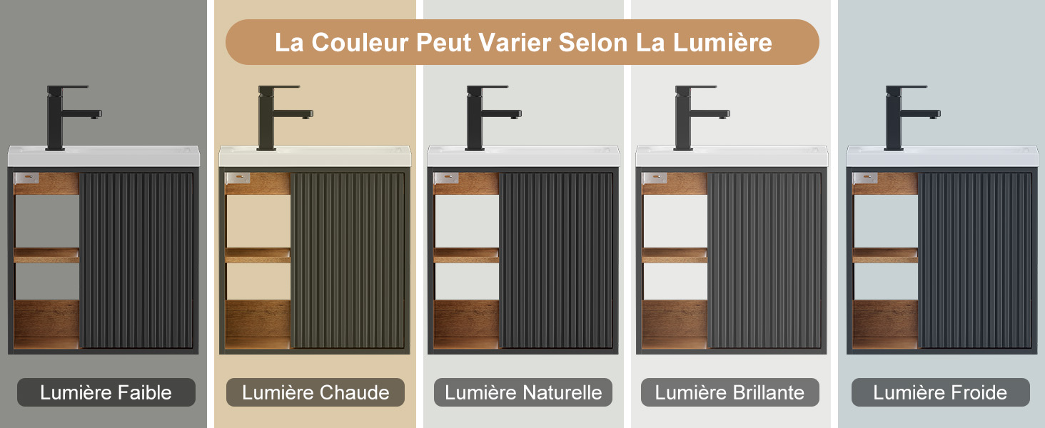Le texte indique « La Couleur peut varier selon la Lumière » et les étiquettes des produits « Laminé Fable », « Luminex Chocolat », « Laminé Naturelle », « Luminex Enframé », « Luminex Fraîche ». Cinq échantillons de couleur/finition de laminé affichés verticalement montrant les motifs et les finitions du grain du bois.