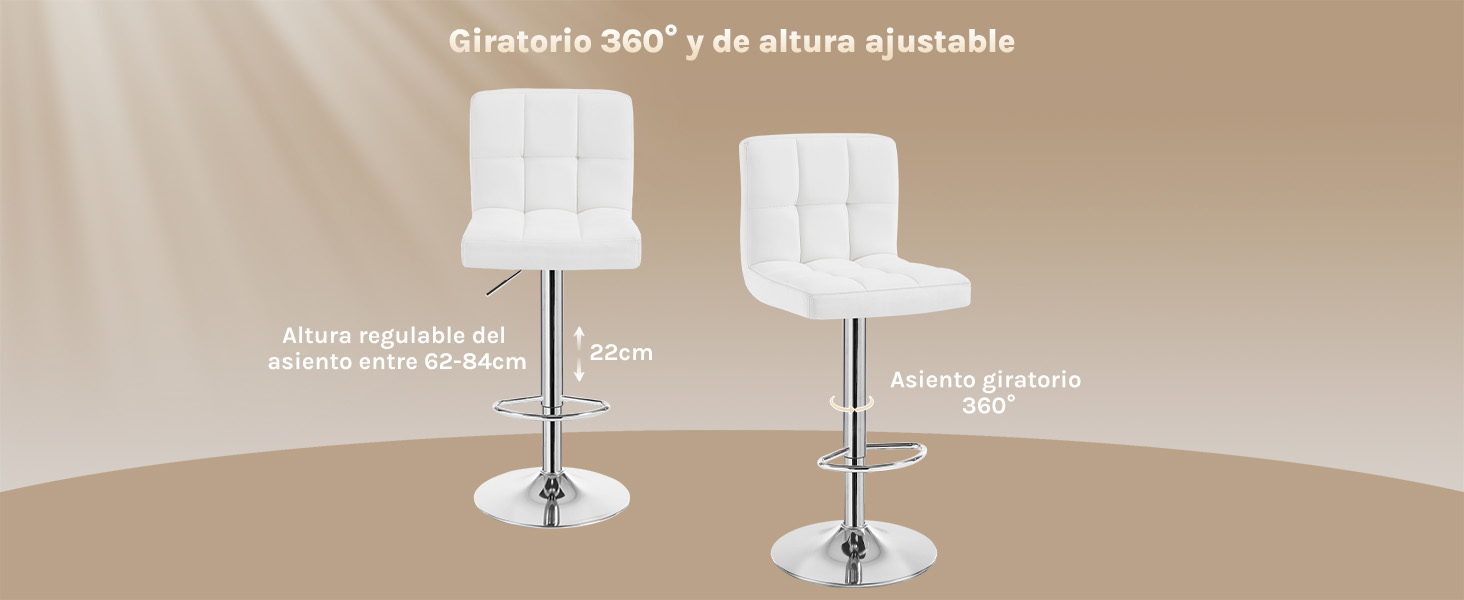 Dos taburetes de bar ajustables modernos blancos con respaldos sobre pedestales cromados, que se muestran