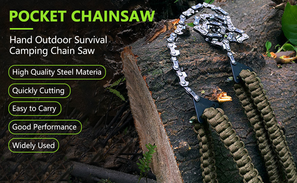 Pocket chainsaw product advertisement showing features: high-quality steel material, quick cutting ability, easy portability, and wide usage applications.