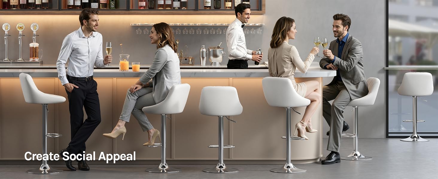 Text reads "Create Social Appeal". Modern office kitchen setting with five people in business casual attire socializing around white bar seating and countertop.