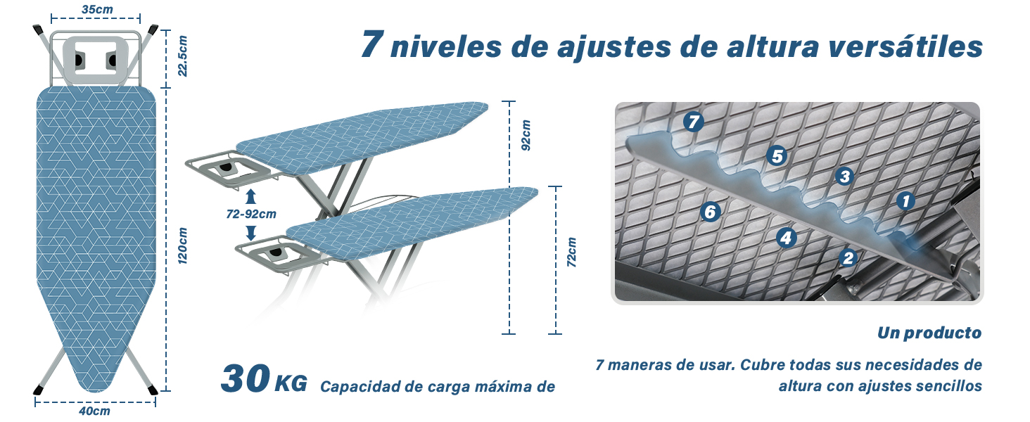 El texto dice «Imagen 3» y «7 niveles de ajustes de altura versátiles». Diagrama azul de la tabla de planchar que muestra las características y medidas de altura ajustables, incluida una capacidad de 30 kg.