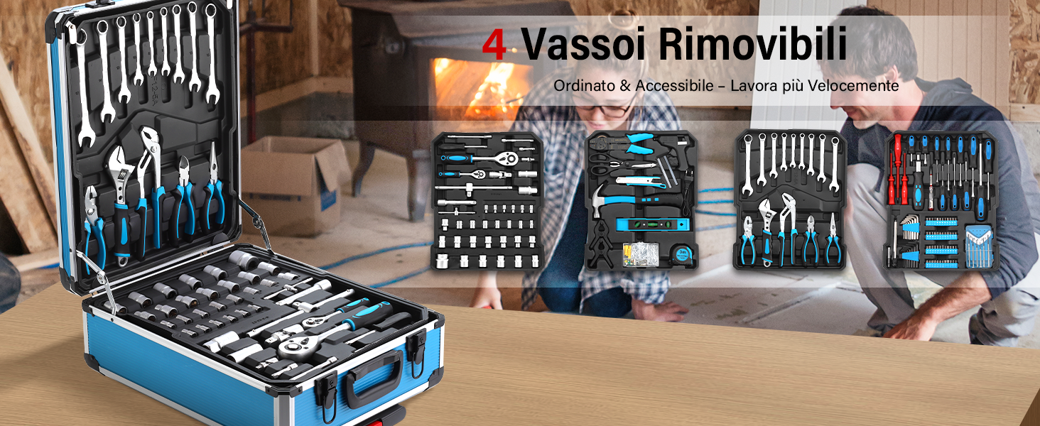 Il testo recita «Vassoi Rimovibili». Set di attrezzi professionali visualizzato in una valigetta blu con più scomparti contenenti chiavi, prese e vari utensili manuali.