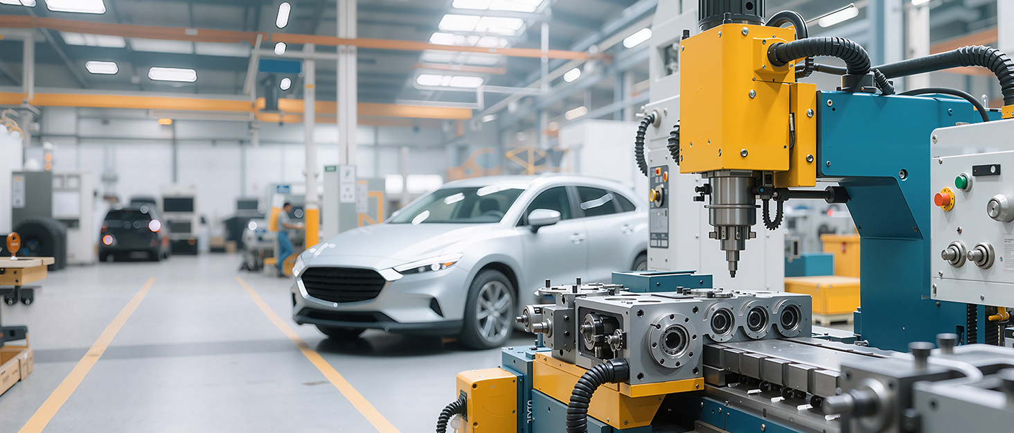 Automotive manufacturing facility with robotic machinery in foreground. White sedan visible in background. Industrial setting with high ceilings and bright lighting.