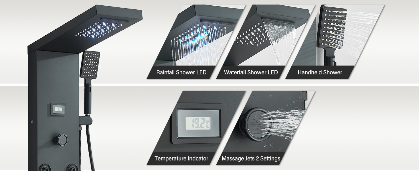 FUZ Shower Panel Tower System, Stainless Steel 6 IN 1 Shower Panel System with LED rain Shower Head