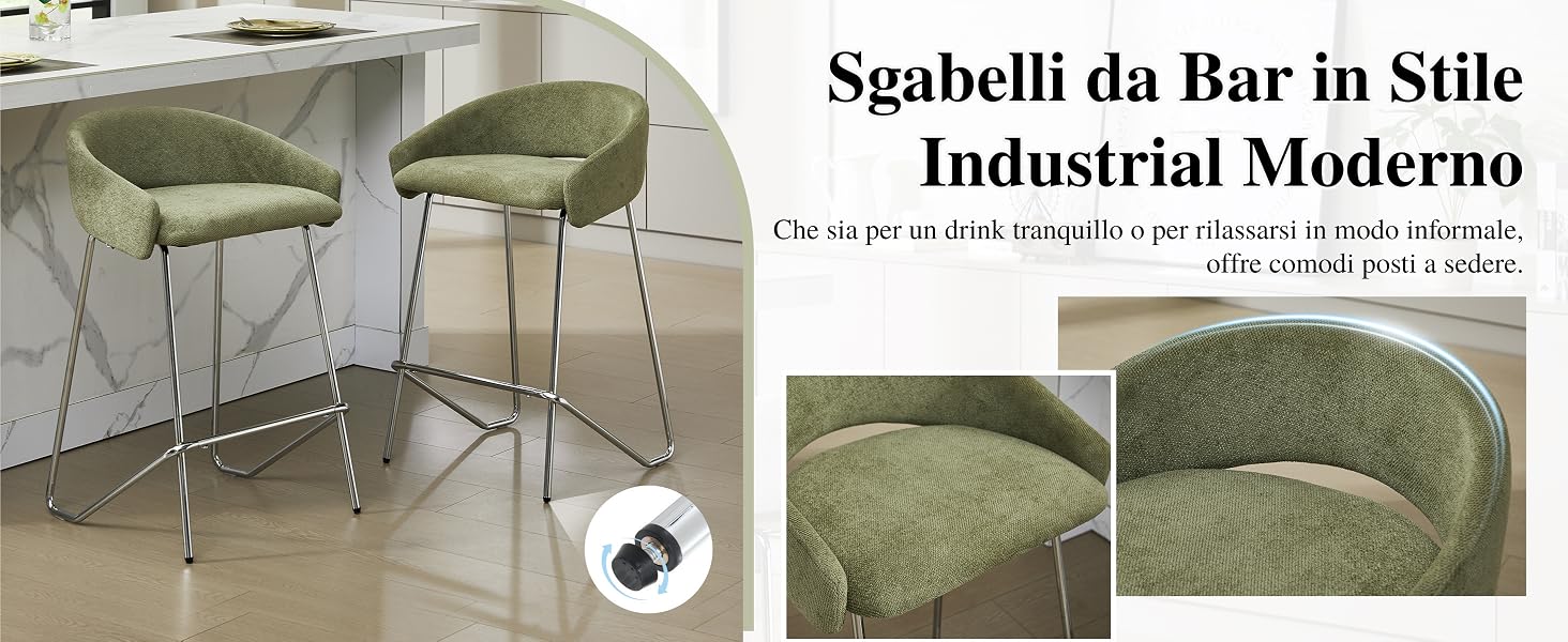 Il testo recita «Gabelli da Bar in Stile Industrial Moderno». Due vedute di sgabelli da bar imbottiti verde oliva con struttura in metallo in stile moderno industriale.