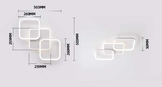 Diagramm zweier geometrischer Wandleuchten. Links: vier ineinandergreifende Quadrate, 503 x 508 mm. Rechts: zwei ineinandergreifende Rechtecke, 500 mm breit. Beide Designs zeichnen sich durch abgerundete Ecken und Maßangaben