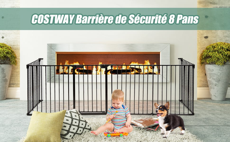 Barrière de Sécurité pour Enfant/Animaux 290 x 74 CM 5 Panneaux Protection  Cheminée Utilisation Murale ou Autoportante Noir - Costway
