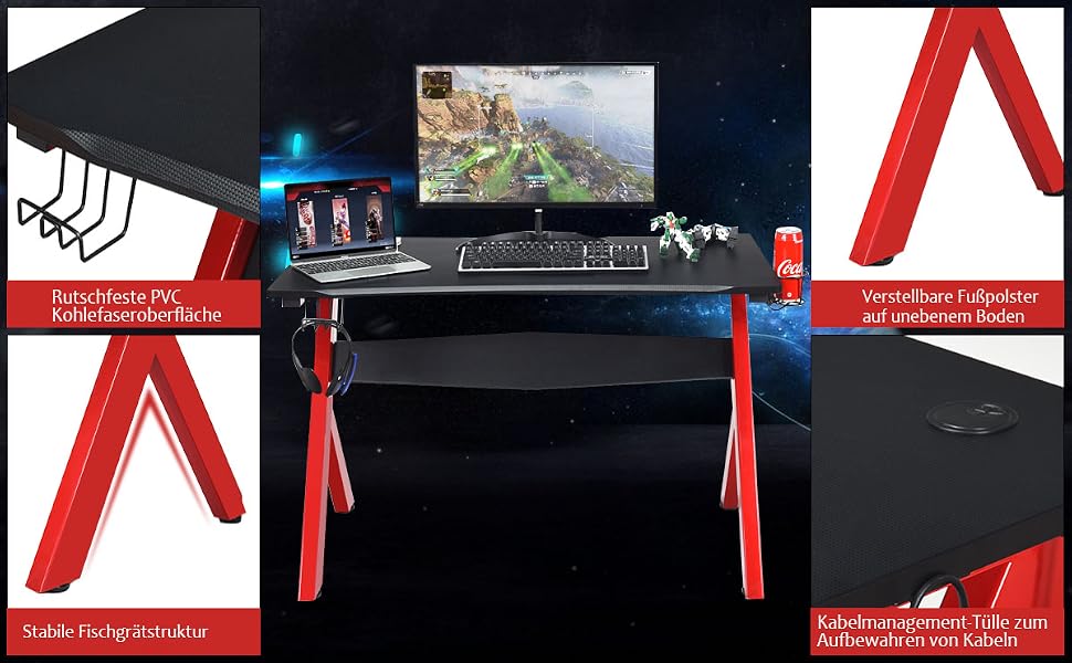 gamingtisch tassenhalter controllerstände leuchten gaming laptop PC tisch