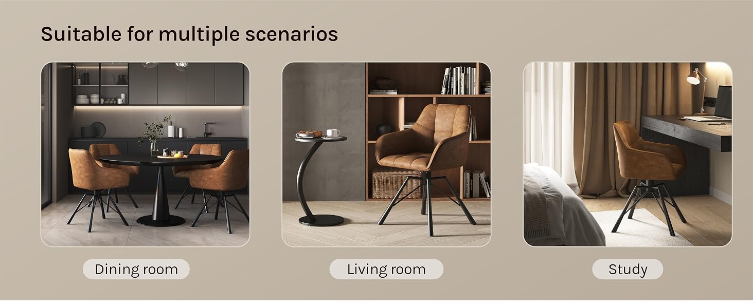 Three interior scenes showing same modern chair in different settings: dining room, living room, and study, demonstrating versatile furniture placement options.