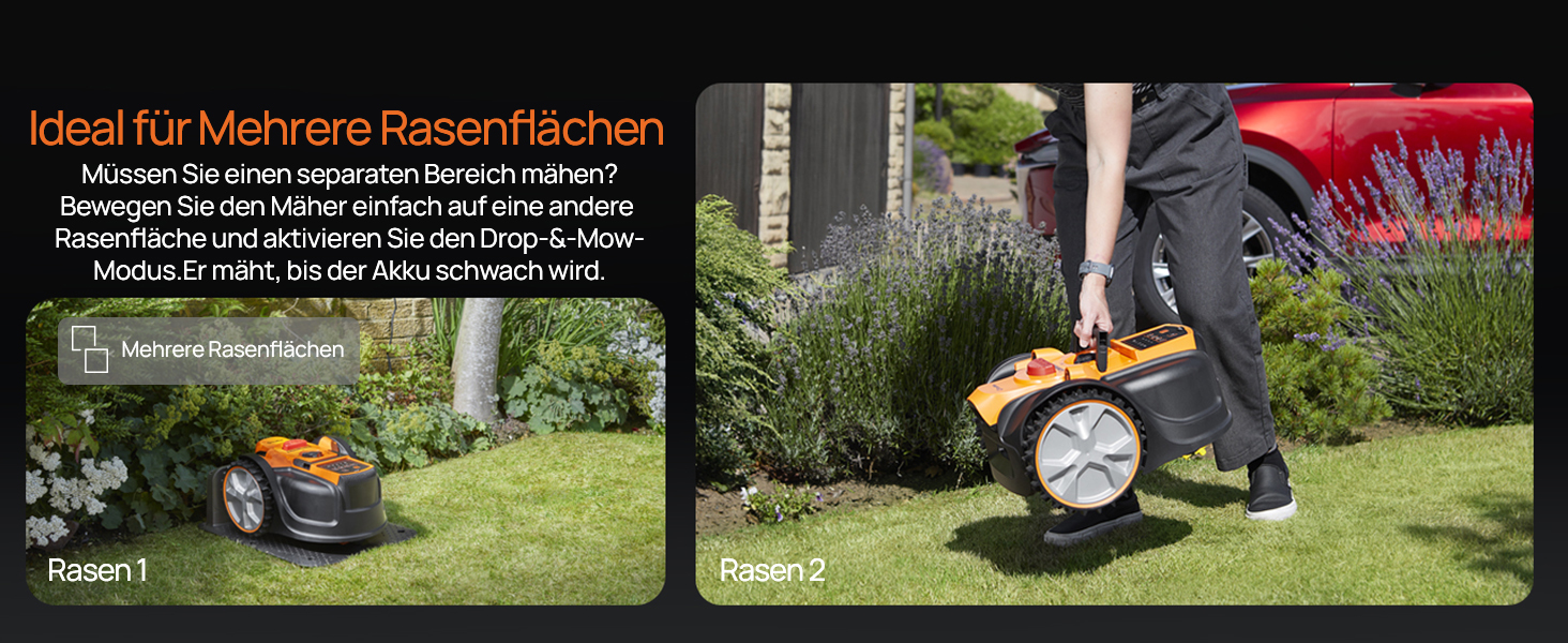 Der Text lautet „Ideal für mehrere Rasenflächen“. Mehrere Bilder zeigen den Rasenmäher im Einsatz auf Gras und demonstrieren die Rasenpflege in verschiedenen Gartenabschnitten.