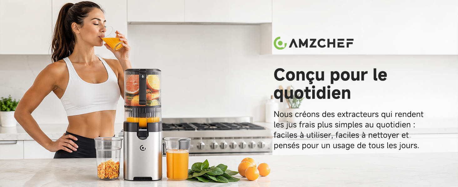 Le texte indique « AMZCHEF » et « Conçu pour le quotidien » avec une description en français sur le nettoyage automatique de la piscine. Une femme en tenue de sport blanche se tient à côté d'un appareil de nettoyage de piscine jaune et noir sur le comptoir de la cuisine avec fond de cuisinière.