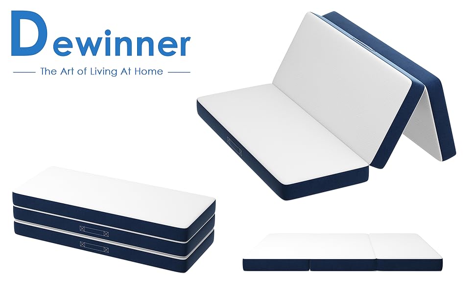 Le texte indique « Image 7 » et « Dewinner ». Matelas ou coussin pliable dans les couleurs blanc et bleu marine, présenté en position pliée et dépliée.