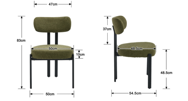 Schéma technique montrant les dimensions d'une chaise rembourrée vert olive. Les mesures indiquent 47 cm de largeur, 50 cm de profondeur, 37 cm de hauteur d'assise et 80 cm de hauteur totale avec dossier.