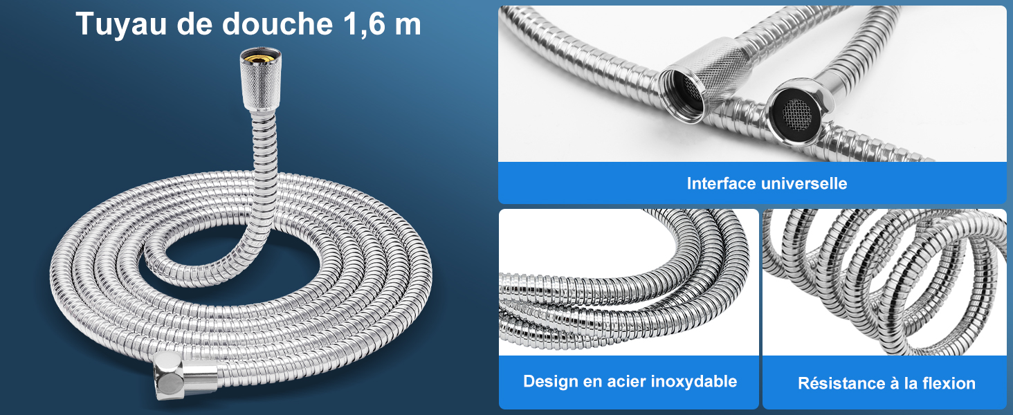 , 1,6 mètre de long. Dispose d'une interface universelle, d'une conception résistante à la corrosion et d'une grande flexibilité. Plusieurs vues rapprochées montrent une structure enroulée et