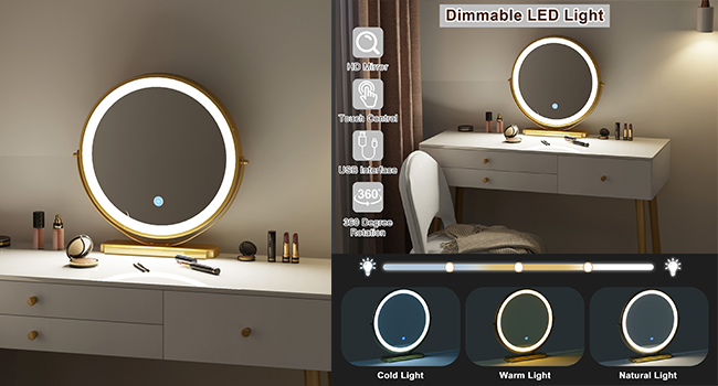Dimmable LED bathroom mirror with circular design. Multiple lighting options shown: cool, warm, and natural. Demonstrating use in vanity area.