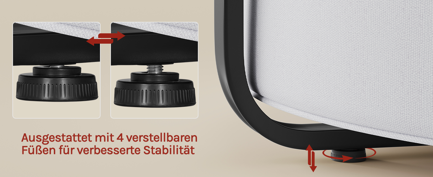 Der Text lautet „Ausgerüstet mit 4-werstiftbahn Fußen für verbesserte Stabilität“. Der schwarze Kofferfuß mit roten Verriegelungsmechanismen ist detailliert abgebildet und zeigt die verbesserte Stabilität des Kofferbodens.