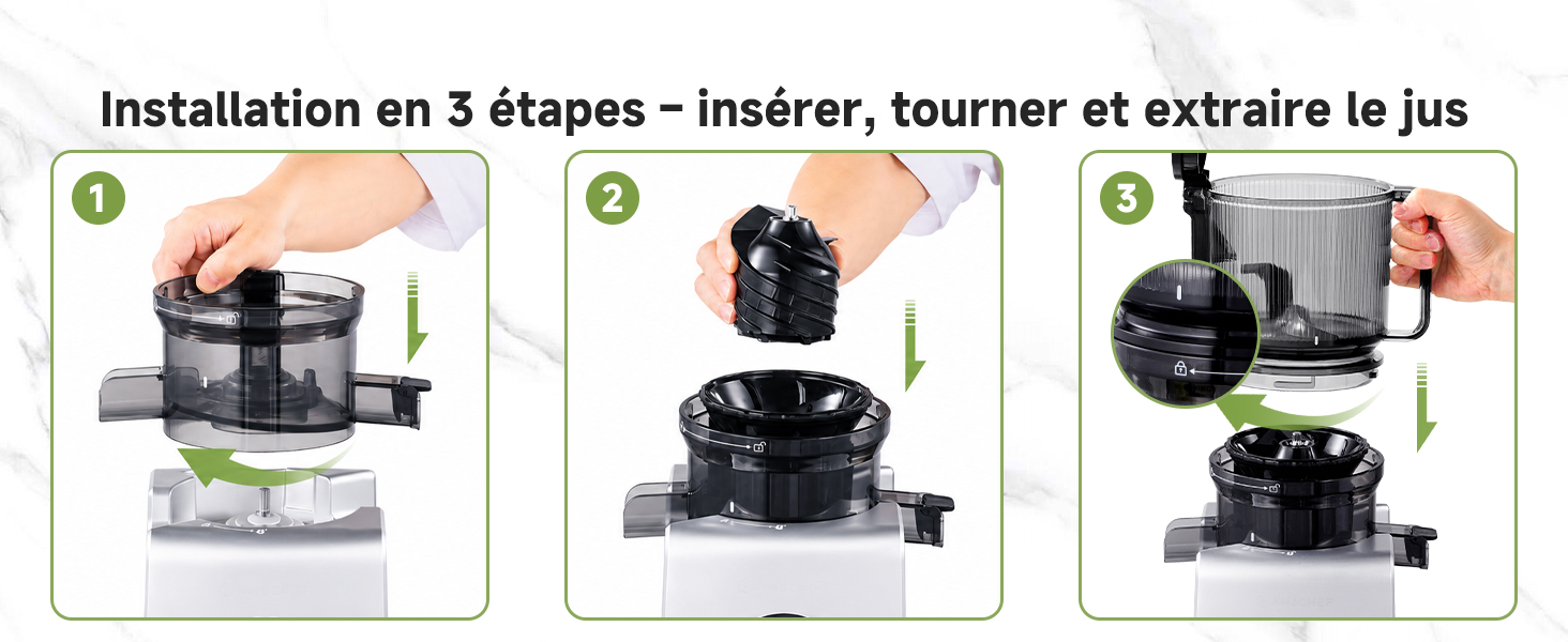 Le texte se lit comme suit : « Installation en 3 étapes - Insérer, tourner et extraire le jus ». Schéma pédagogique à trois panneaux montrant l'utilisation étape par étape du presse-agrumes avec des mains illustrant les mouvements d'insertion, de torsion et d'extraction.