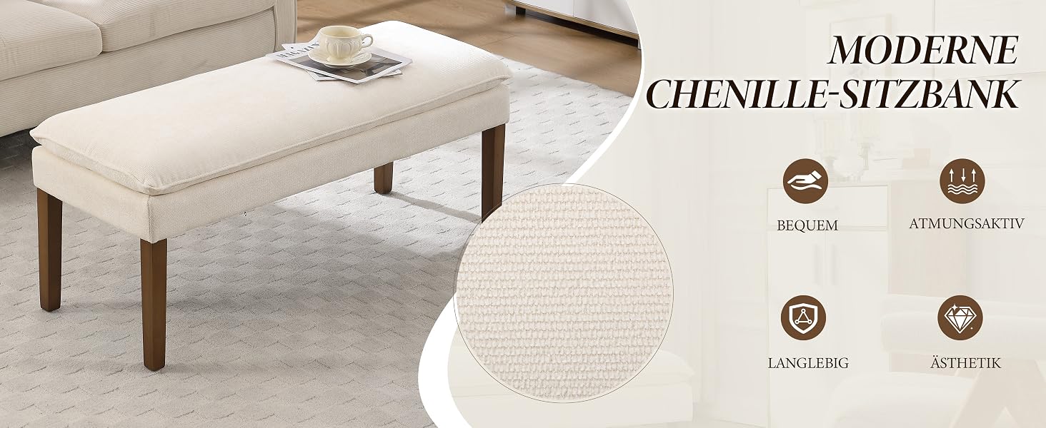 Der Text lautet „MODERNE CHENILLE SITZBANK“. Zeigt eine beigefarbene Polsterbank oder Ottomane mit Holzbeinen vor hellem Hintergrund.
