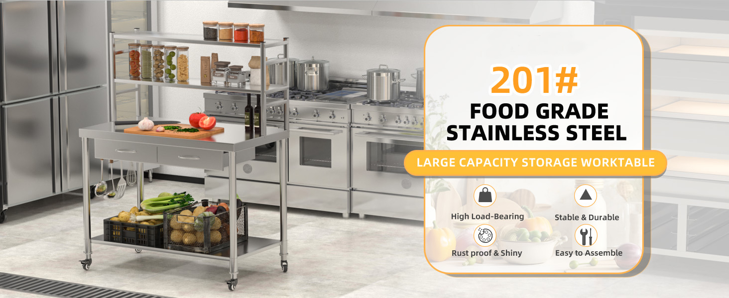 Text reads 'FOOD GRADE STAINLESS STEEL 201#'. Multiple views of stainless steel shelving units in commercial kitchen setting, showing assembly and usage configurations.