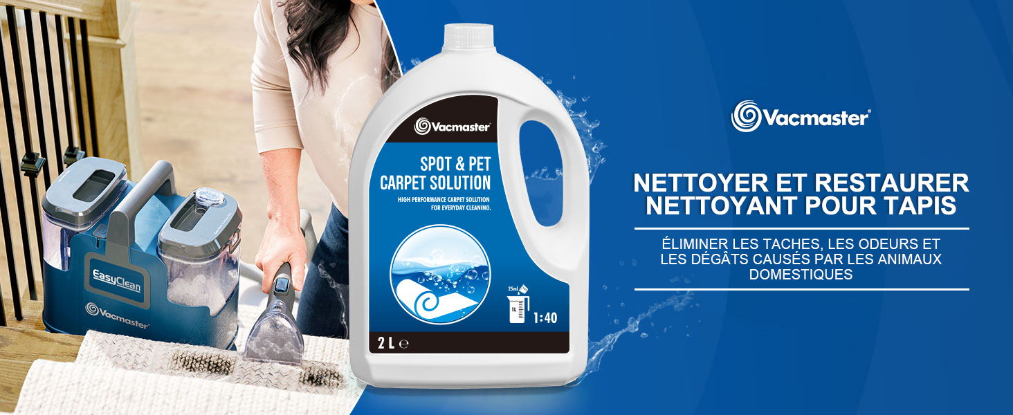 Produit de nettoyage pour tapis avec contenant d'un gallon bleu et démonstration de l'équipement de nettoyage de tapis utilisé sur des tapis de couleur claire