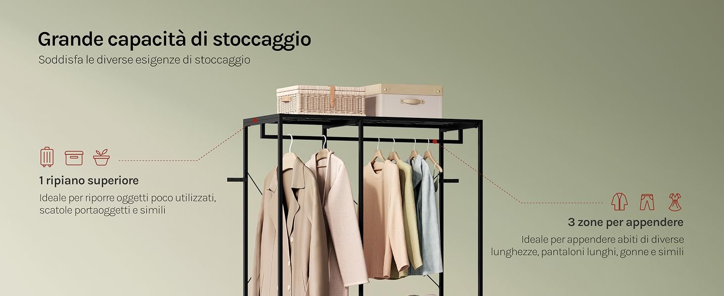 Il testo recita 'Grande capacità di stoccaggio' con illustrazione di appendiabiti e icone su sfondo beige. Testo in italiano che descrive una grande capacità di archiviazione con informazioni sull'organizzazione dell'armadio e icone che ne indicano le caratteristiche.
