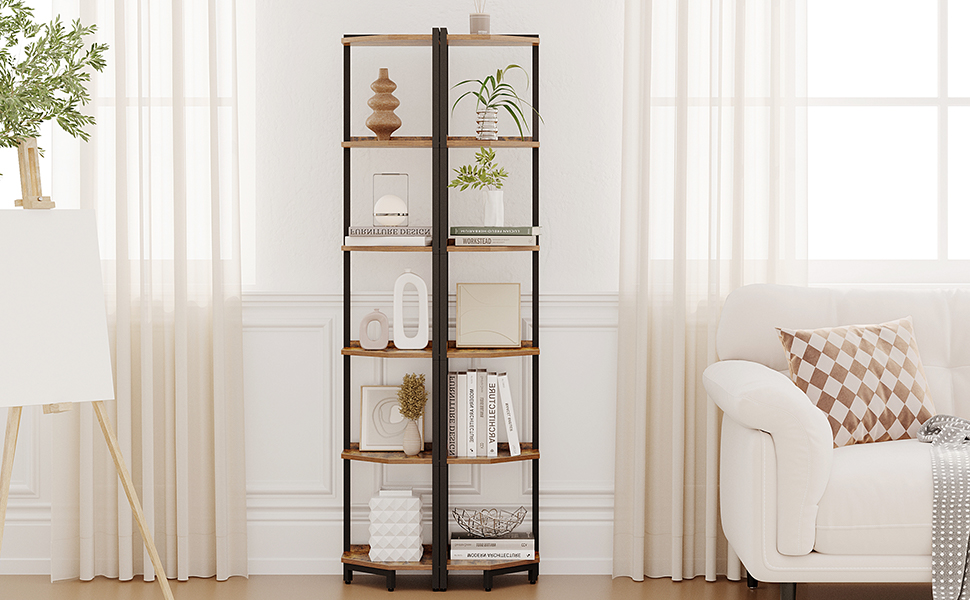 Hzuaneri Mensola Angolare, Scaffale Portaoggetti con Struttura in Metallo, Supporto per Piante, Libreria Angolare per Soggiorno, Home Office, Camera da Letto, 4 Ripiani, Marrone Vintage e Nero