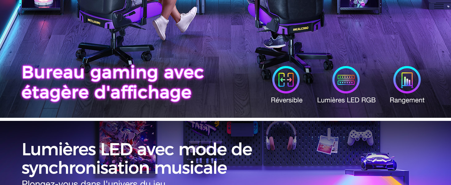 Le texte indique « synchronisation musicale » et « Lumières LED avec mode de ». Panneau LED violet avec interface de commande affichant plusieurs paramètres.